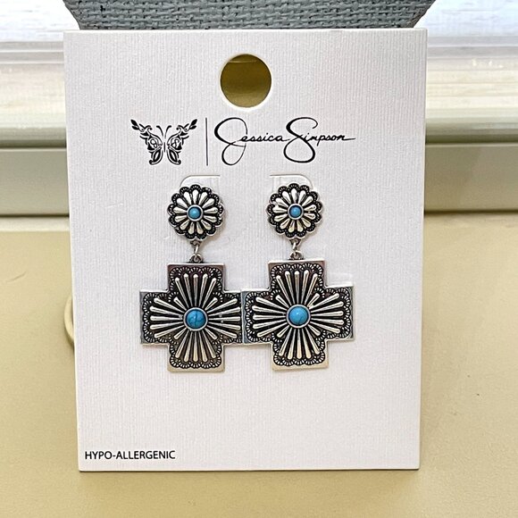 New Jessica Simpson Earrings Cross Silver Turquoise Blue Dangle Drop NWT - Picture 1 of 6